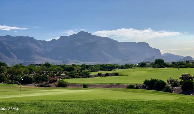 view of community with a lawn and a mountain view