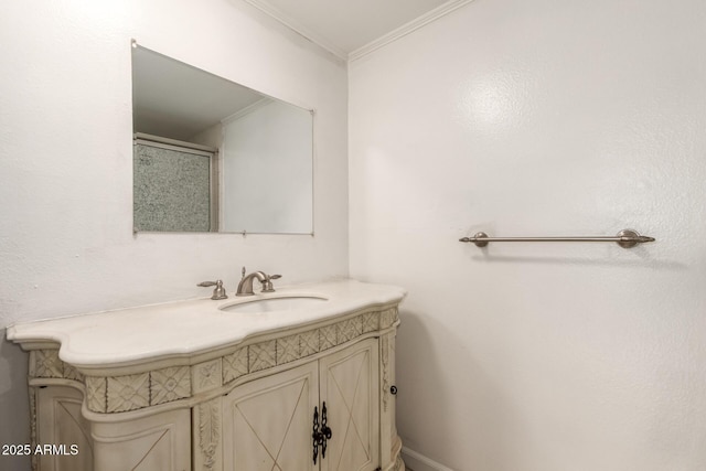 6767 N 7th St Unit 230, Phoenix, AZ 85014 - bathroom featuring vanity, crown molding, and a shower with door