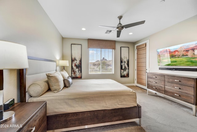 carpeted bedroom featuring ceiling fan