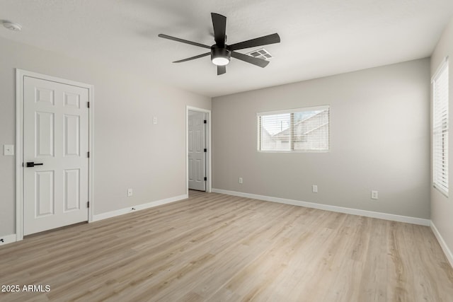unfurnished bedroom featuring light wood-type flooring, baseboards, visible vents, and multiple windows