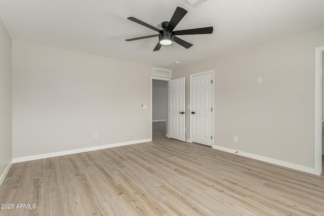 unfurnished bedroom with baseboards, visible vents, ceiling fan, and light wood-type flooring