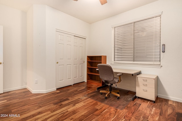 office with ceiling fan and dark hardwood / wood-style floors