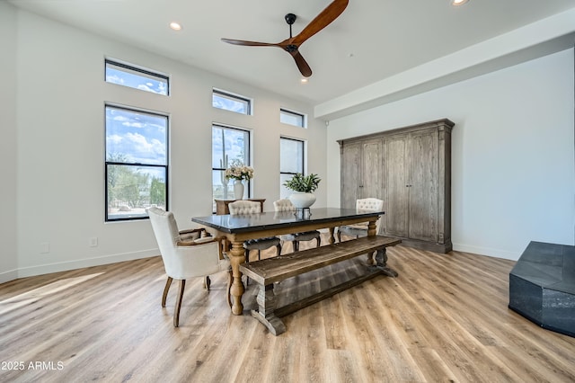 dining space with recessed lighting, light wood finished floors, baseboards, and ceiling fan