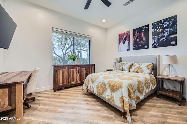 bedroom with recessed lighting, wood finished floors, visible vents, a ceiling fan, and baseboards