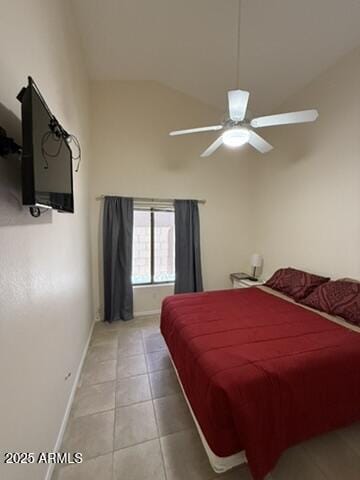 1038 S Palomino Creek Dr, Gilbert, AZ 85296 - bedroom featuring light tile patterned floors, high vaulted ceiling, and ceiling fan