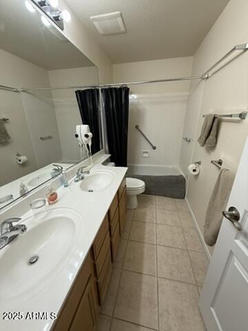 1038 S Palomino Creek Dr, Gilbert, AZ 85296 - bathroom with shower / bath combo with shower curtain, tile patterned flooring, and double vanity