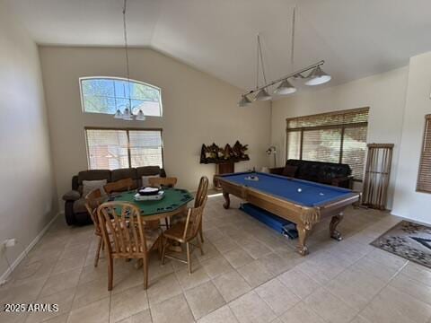 1038 S Palomino Creek Dr, Gilbert, AZ 85296 - game room featuring lofted ceiling, light tile patterned floors, and billiards table