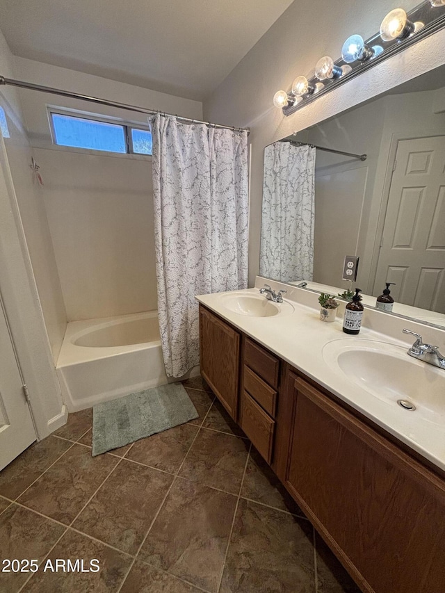 full bath featuring shower / tub combo with curtain, tile patterned flooring, and double vanity