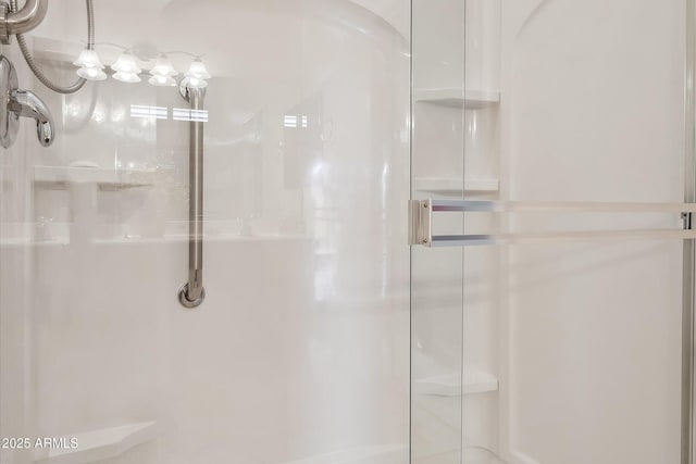 bathroom with a shower with shower door