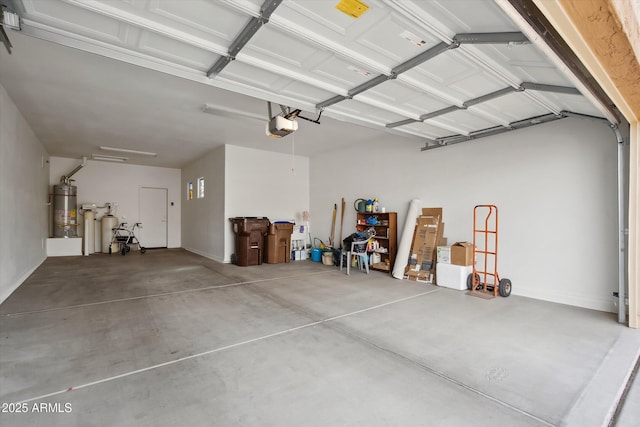 garage featuring a garage door opener and water heater