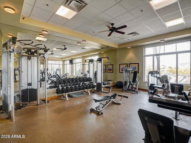 exercise room featuring ceiling fan and a drop ceiling