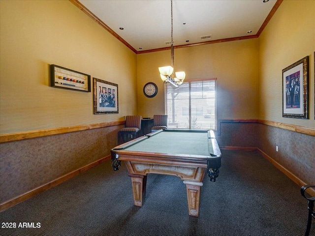 playroom with ornamental molding, carpet floors, and pool table