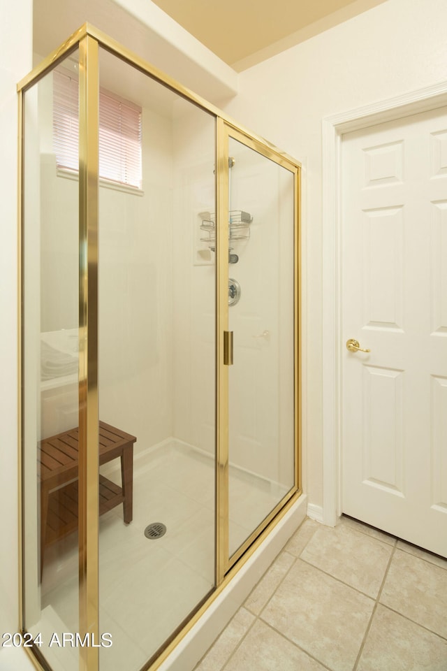 bathroom featuring walk in shower and tile floors