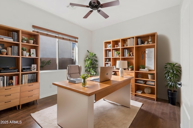office featuring dark wood-style flooring and a ceiling fan