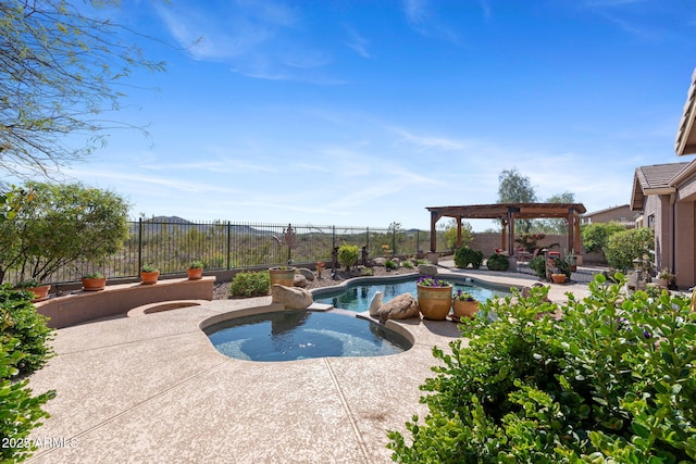 view of swimming pool featuring a fenced in pool, a fenced backyard, an in ground hot tub, a pergola, and a patio area