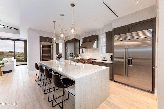 kitchen featuring extractor fan, high quality appliances, decorative backsplash, light wood-style floors, and a sink