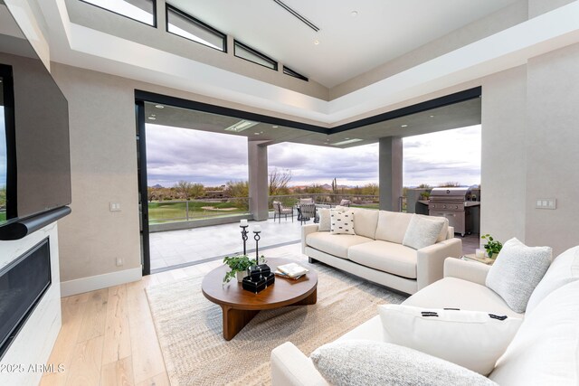 living area with vaulted ceiling, a fireplace, baseboards, and wood finished floors