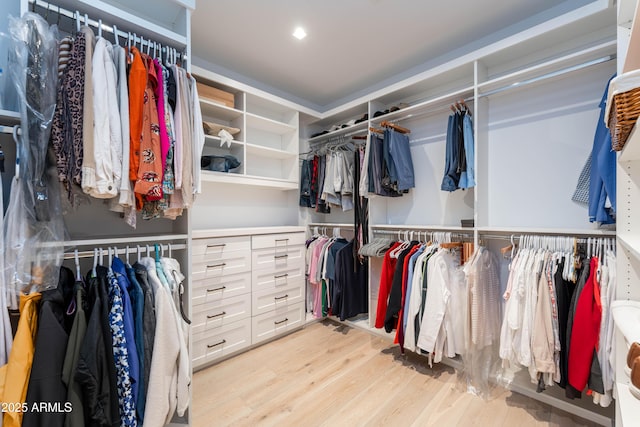 walk in closet with light wood-style floors