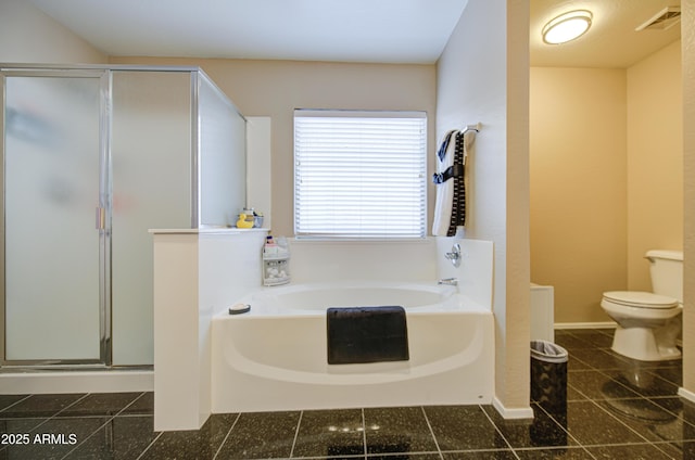 full bath with a garden tub, toilet, visible vents, and a shower stall