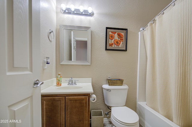 bathroom with toilet, vanity, and shower / bathtub combination with curtain