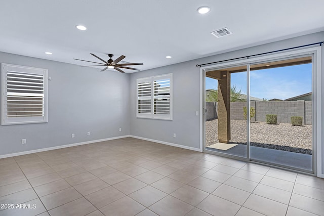 4628 W Greenleaf Dr, San Tan Valley, AZ 85144 - unfurnished room with a ceiling fan, recessed lighting, baseboards, and light tile patterned floors