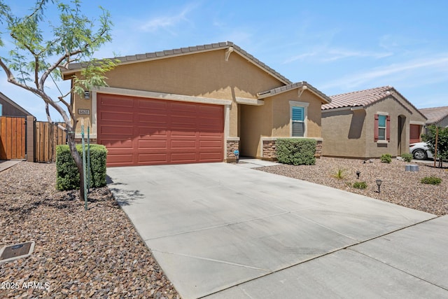 4628 W Greenleaf Dr, San Tan Valley, AZ 85144 - ranch-style home featuring stucco siding, a garage, driveway, and stone siding