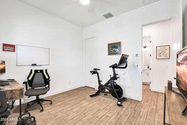 office featuring ceiling fan and light hardwood / wood-style flooring