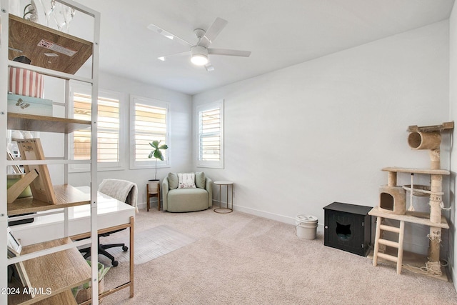 carpeted office with ceiling fan