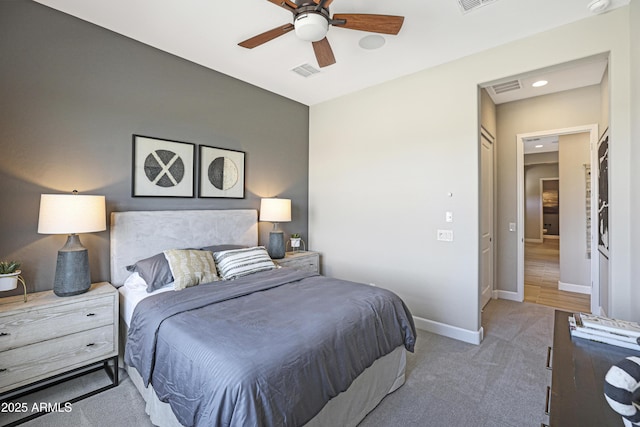 bedroom featuring ceiling fan and carpet flooring