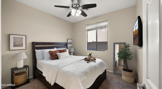 bedroom featuring carpet floors, ceiling fan, and baseboards