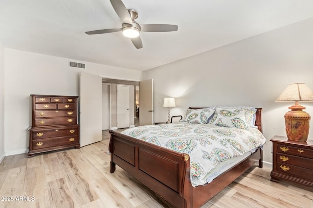 bedroom with light wood-style flooring, visible vents, ceiling fan, and baseboards