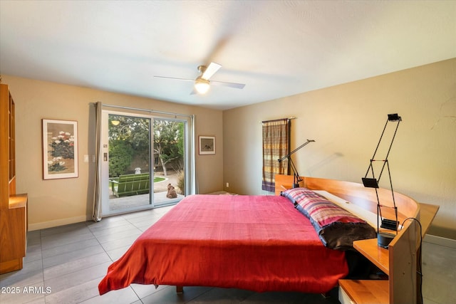 bedroom with access to outside, light tile patterned floors, and ceiling fan