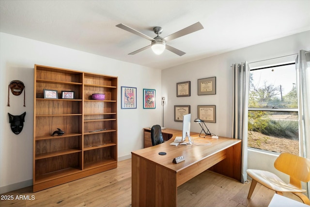 home office with ceiling fan and light wood-type flooring