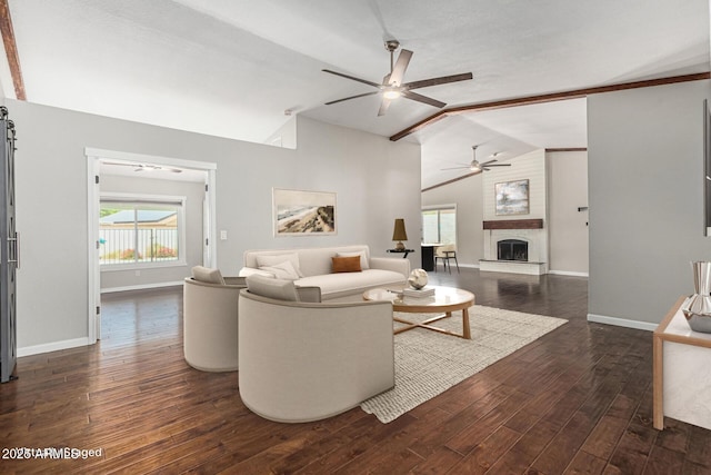 18820 N 33rd Ave, Phoenix, AZ 85027 - living room with a ceiling fan, lofted ceiling, dark wood-type flooring, and a large fireplace