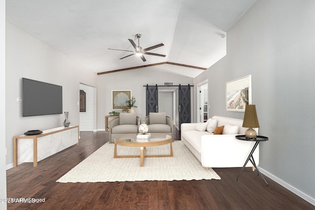 18820 N 33rd Ave, Phoenix, AZ 85027 - living area featuring ceiling fan, lofted ceiling, dark wood-style flooring, and a barn door
