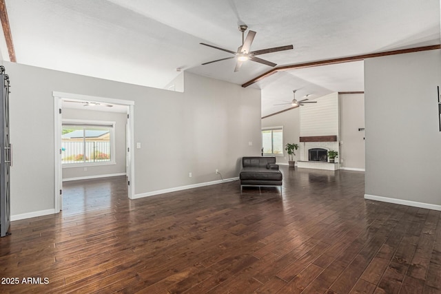 18820 N 33rd Ave, Phoenix, AZ 85027 - living area with ceiling fan, lofted ceiling, plenty of natural light, dark wood-style floors, and a fireplace