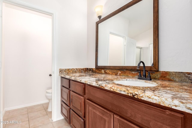 bathroom featuring toilet, vanity, and tile patterned floors