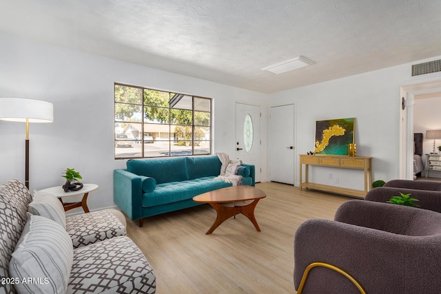 living room with light hardwood / wood-style floors and a textured ceiling