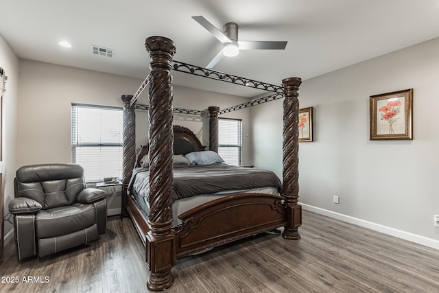 bedroom featuring ceiling fan and wood-type flooring