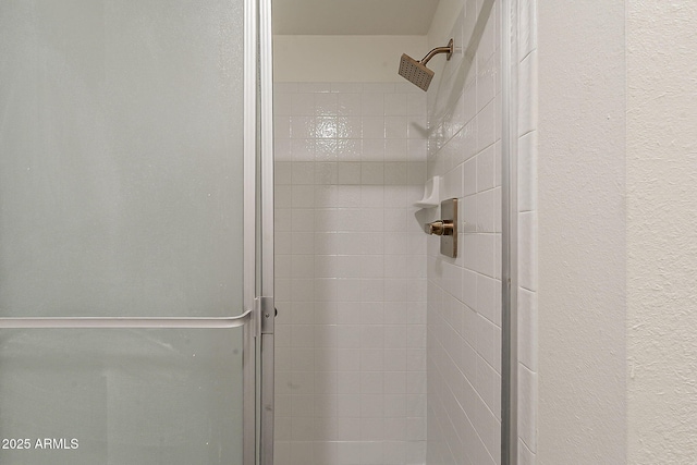 interior details featuring a textured wall and a stall shower