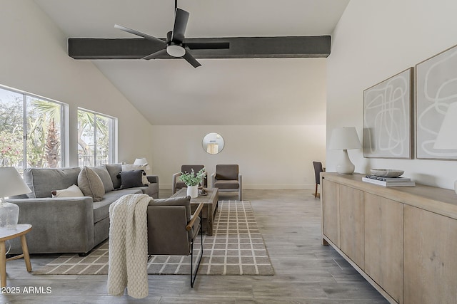 living room featuring high vaulted ceiling, a ceiling fan, baseboards, light wood-style floors, and beam ceiling