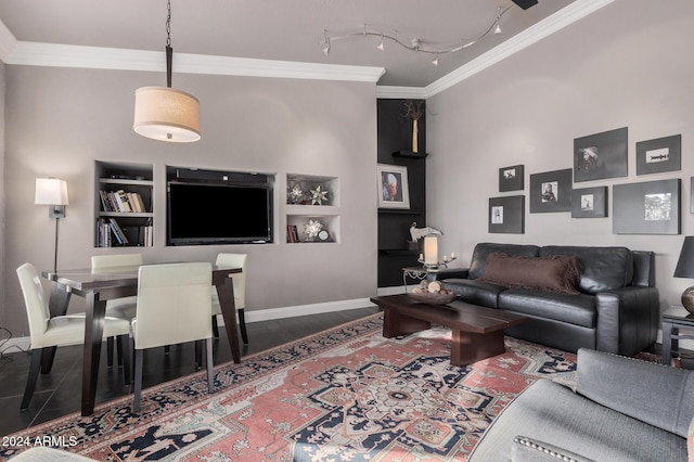 living room with built in features, wood-type flooring, and crown molding