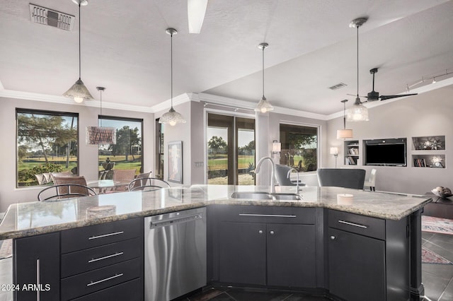 kitchen with dishwasher, sink, plenty of natural light, and a kitchen island with sink