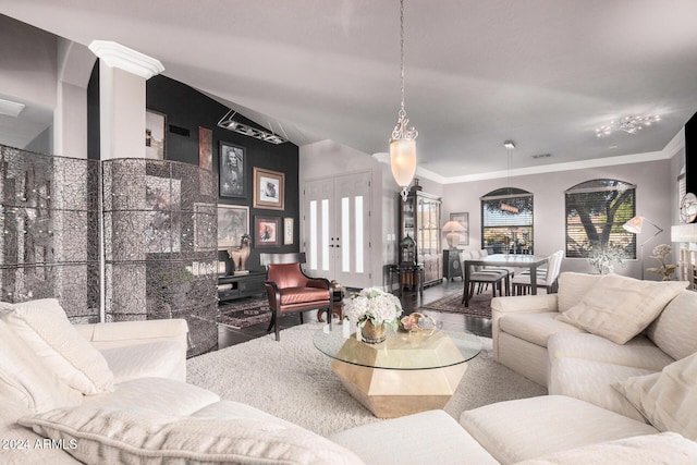 living room featuring crown molding, french doors, and wood-type flooring