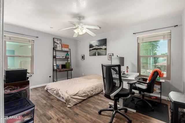 634 W Aviary Way, Gilbert, AZ 85233 - bedroom featuring dark wood-type flooring, an office area, baseboards, and a ceiling fan