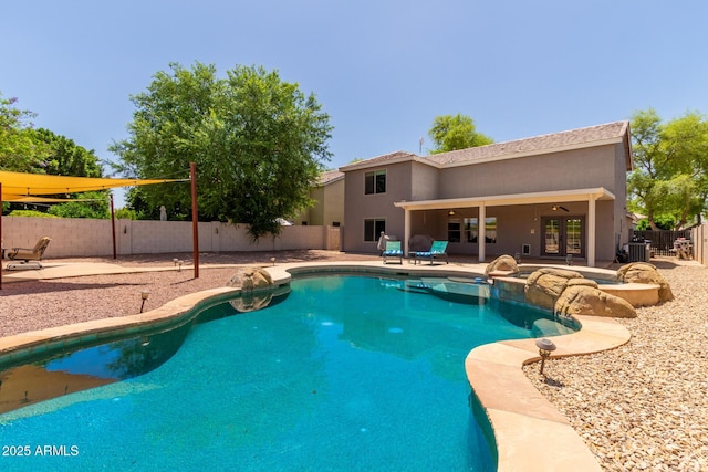 634 W Aviary Way, Gilbert, AZ 85233 - view of swimming pool with an in-ground hot tub, a fenced backyard, a patio area, and french doors