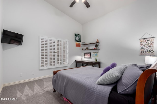 bedroom featuring baseboards, carpet, ceiling fan, and high vaulted ceiling