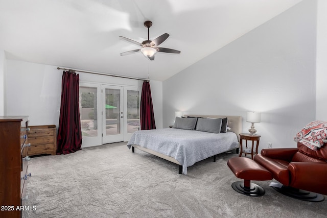 bedroom featuring access to exterior, french doors, carpet flooring, lofted ceiling, and ceiling fan