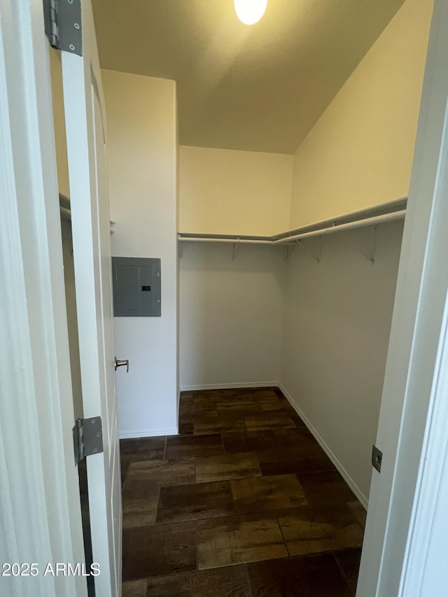 walk in closet with electric panel and wood finished floors