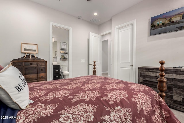 bedroom featuring visible vents, connected bathroom, and recessed lighting